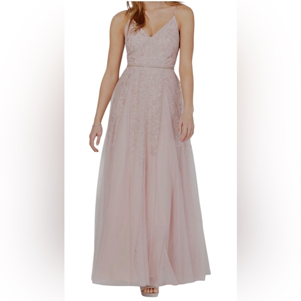 Teeze Me Juniors' Pink Glitter Beaded Mesh V-Neck Formal Dress Size 11-12